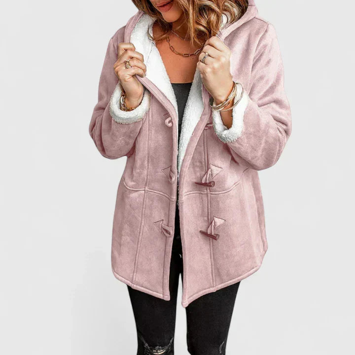 Damski płaszcz zamszowy z kapturem i zapięciem na kołki-Coats for women-Olave