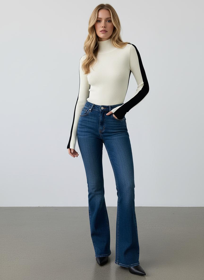 Damski prążkowany top z długim rękawem i półgolfem-Blouses for women-Olave