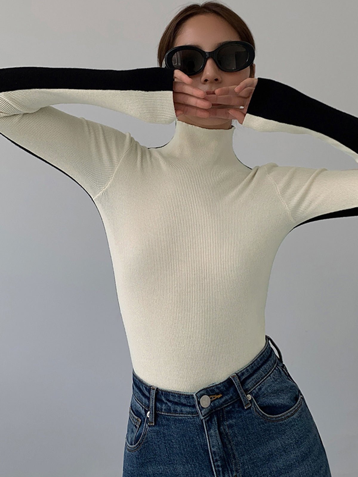 Damski prążkowany top z długim rękawem i półgolfem-Blouses for women-Olave