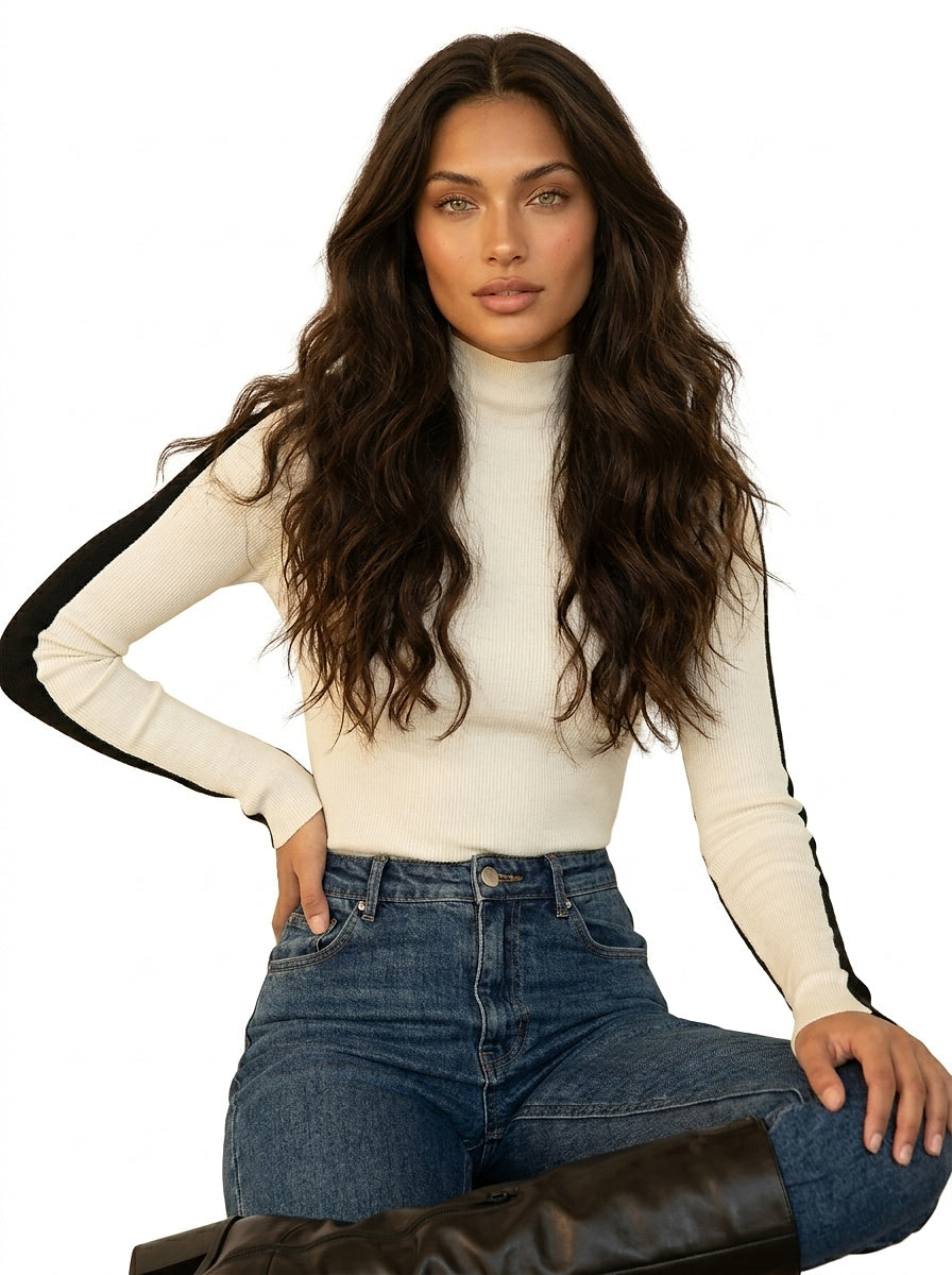 Damski prążkowany top z długim rękawem i półgolfem-Blouses for women-Olave