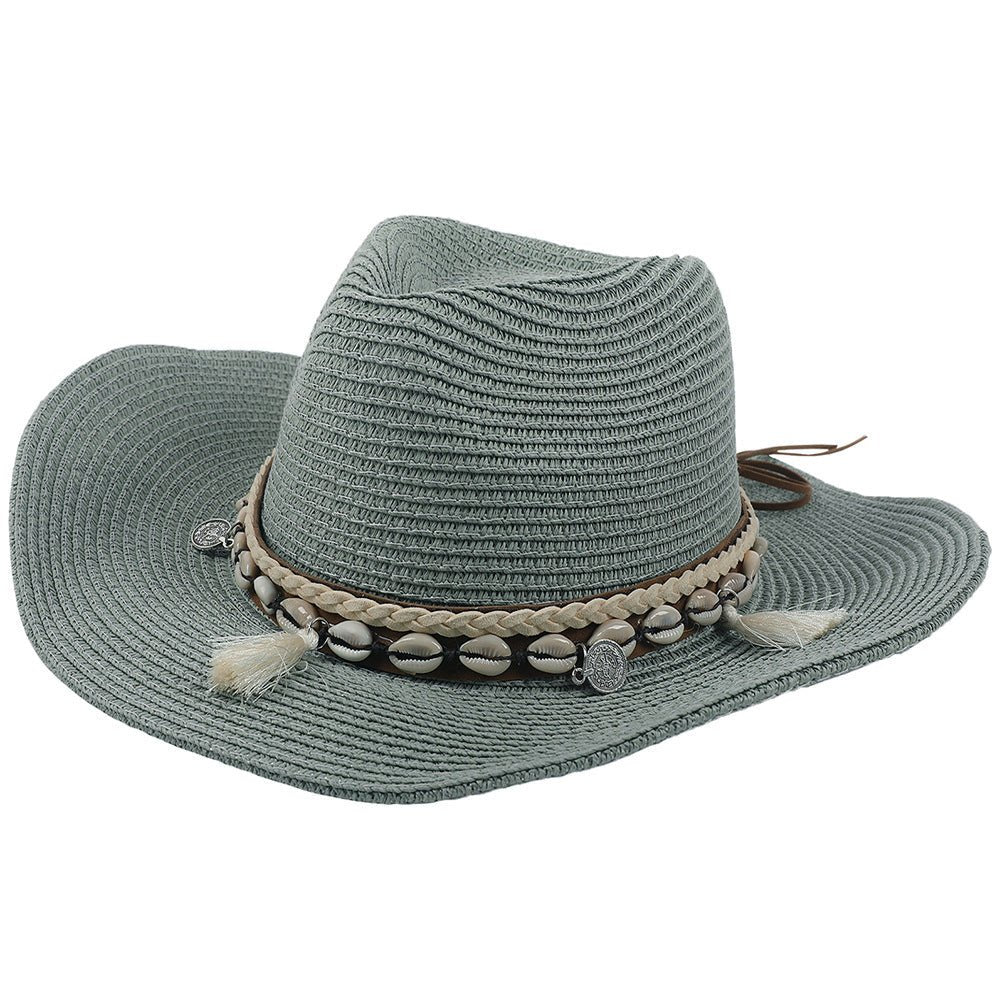 Damski słomkowy kapelusz kowbojski z paskiem z muszelek-Accessories for Women-Olave
