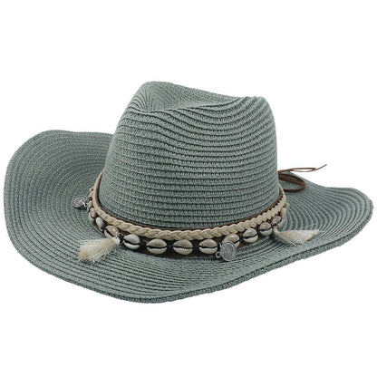 Damski słomkowy kapelusz kowbojski z paskiem z muszelek-Accessories for Women-Olave