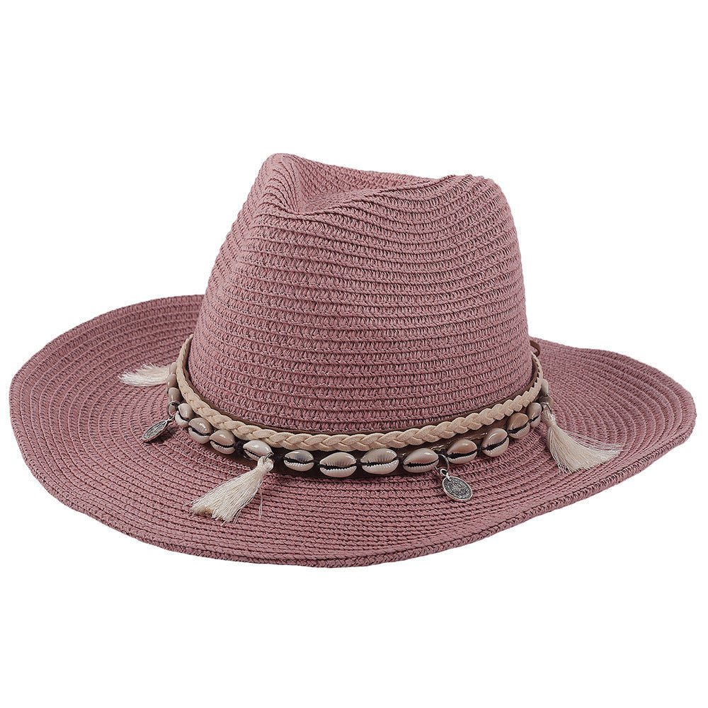Damski słomkowy kapelusz kowbojski z paskiem z muszelek-Accessories for Women-Olave