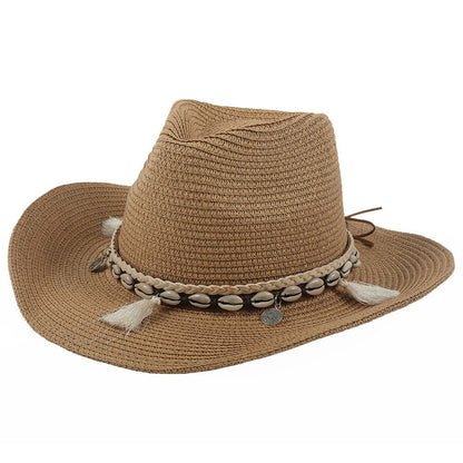 Damski słomkowy kapelusz kowbojski z paskiem z muszelek-Accessories for Women-Olave