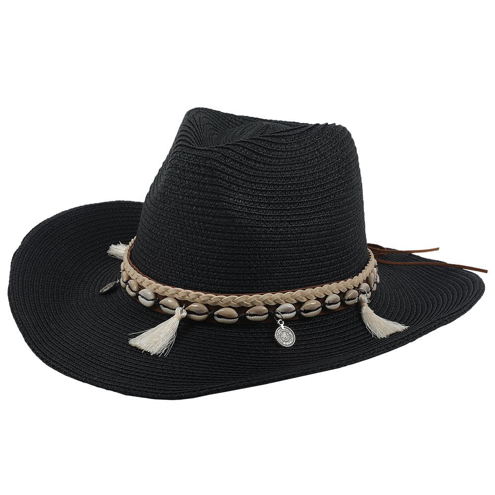 Damski słomkowy kapelusz kowbojski z paskiem z muszelek-Accessories for Women-Olave