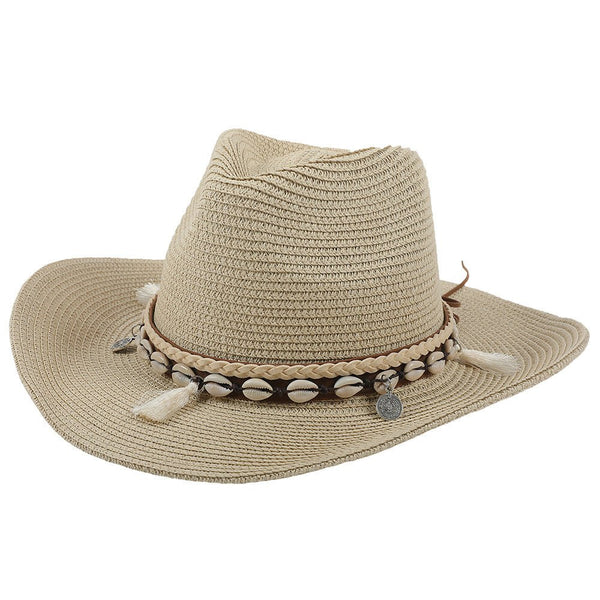 Damski słomkowy kapelusz kowbojski z paskiem z muszelek-Accessories for Women-Olave