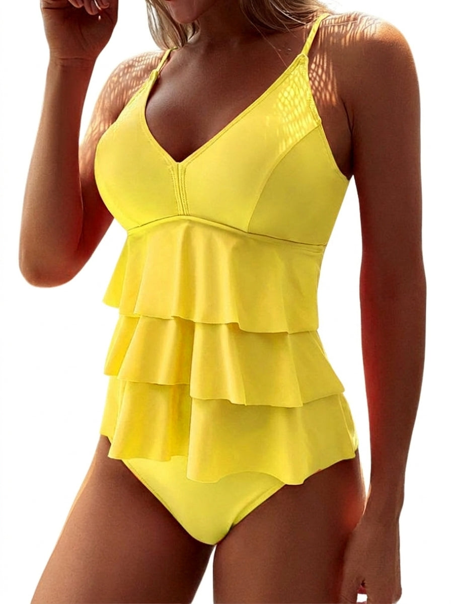 Damski strój kąpielowy z trójwarstwowymi falbanami i cienkimi ramiączkami-Swimwear for women-Olave