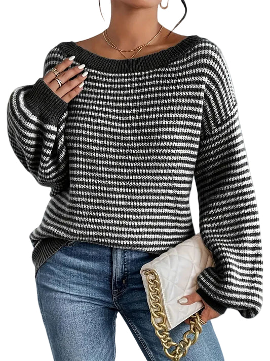 Damski sweter dzianinowy w paski ze ściągaczami-Sweaters for Women-Olave