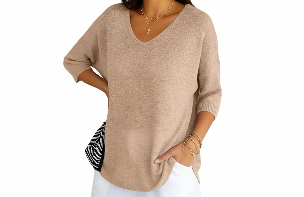 Damski sweter dzianinowy z dekoltem w serek i krótkimi rękawami-Sweaters for Women-Olave