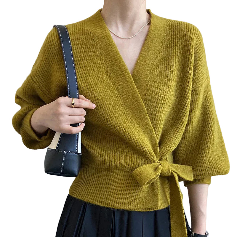 Damski sweter kopertowy z dekoltem V i wiązaniem w talii-Sweaters for Women-Olave