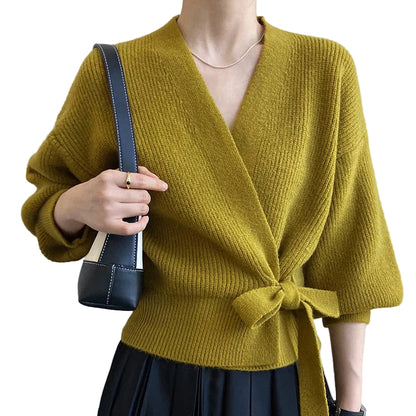 Damski sweter kopertowy z dekoltem V i wiązaniem w talii-Sweaters for Women-Olave