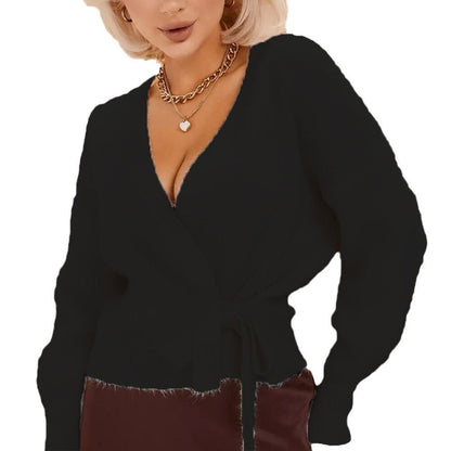 Damski sweter kopertowy z dekoltem V i wiązaniem w talii-Sweaters for Women-Olave