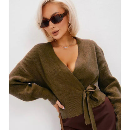 Damski sweter kopertowy z dekoltem V i wiązaniem w talii-Sweaters for Women-Olave