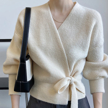 Damski sweter kopertowy z dekoltem V i wiązaniem w talii-Sweaters for Women-Olave