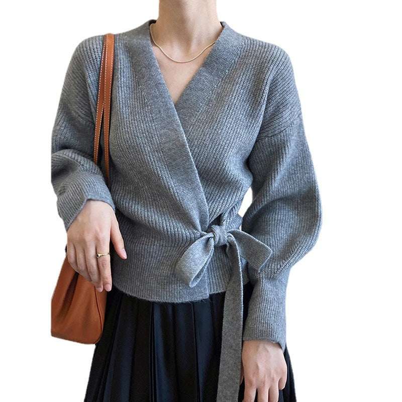 Damski sweter kopertowy z dekoltem V i wiązaniem w talii-Sweaters for Women-Olave