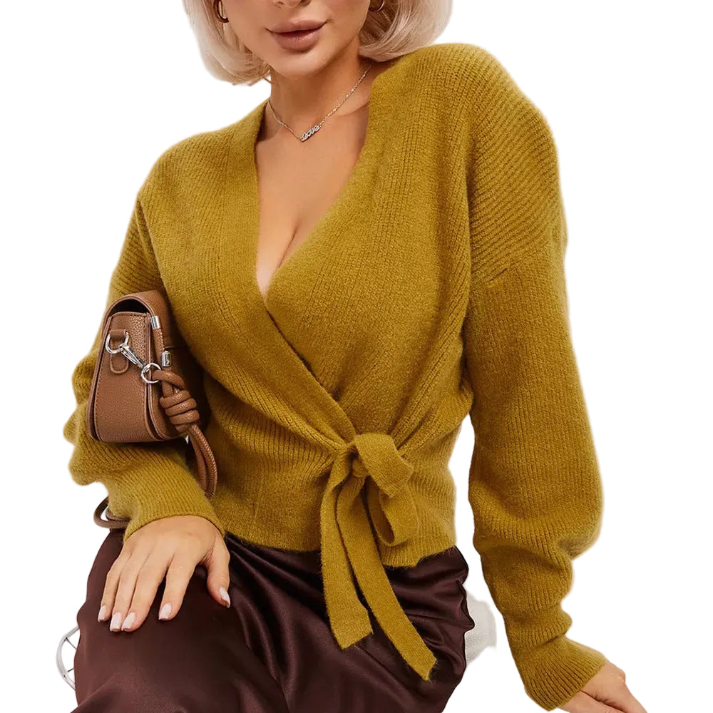 Damski sweter kopertowy z dekoltem V i wiązaniem w talii-Sweaters for Women-Olave