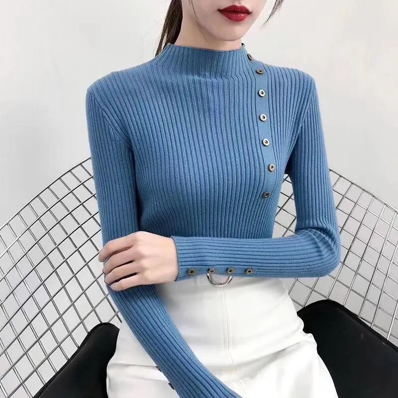Damski sweter z dzianiny prążkowanej z półgolfem i ozdobnymi guzikami-Sweaters for Women-Olave