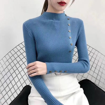 Damski sweter z dzianiny prążkowanej z półgolfem i ozdobnymi guzikami-Sweaters for Women-Olave