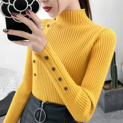 Damski sweter z dzianiny prążkowanej z półgolfem i ozdobnymi guzikami-Sweaters for Women-Olave