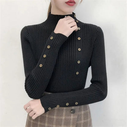 Damski sweter z dzianiny prążkowanej z półgolfem i ozdobnymi guzikami-Sweaters for Women-Olave
