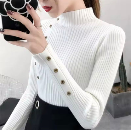 Damski sweter z dzianiny prążkowanej z półgolfem i ozdobnymi guzikami-Sweaters for Women-Olave