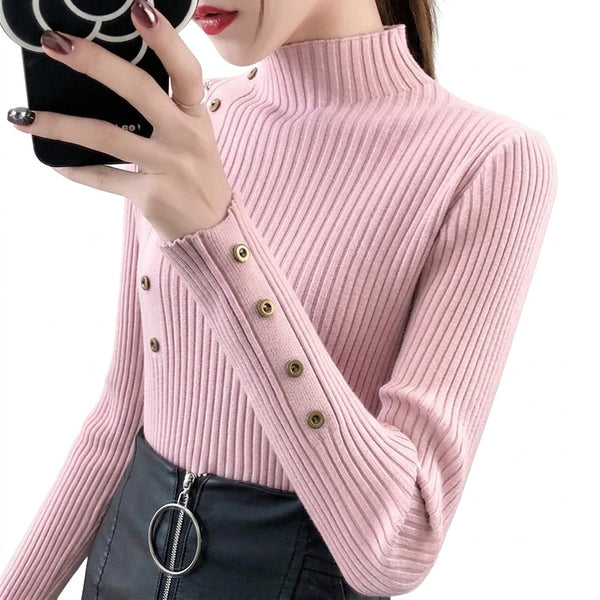 Damski sweter z dzianiny prążkowanej z półgolfem i ozdobnymi guzikami-Sweaters for Women-Olave