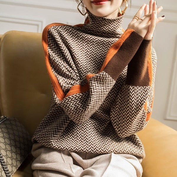 Damski sweter z dzianiny w jodełkę z kontrastowym paskiem-Sweaters for Women-Olave