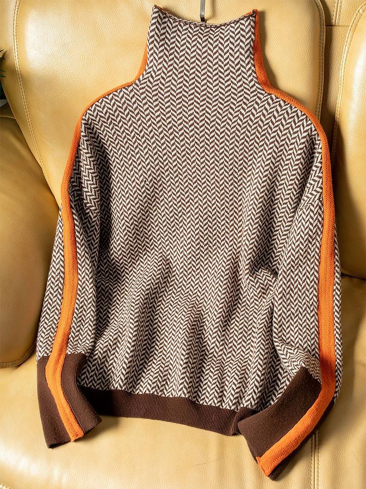Damski sweter z dzianiny w jodełkę z kontrastowym paskiem-Sweaters for Women-Olave