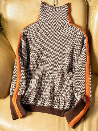 Damski sweter z dzianiny w jodełkę z kontrastowym paskiem-Sweaters for Women-Olave
