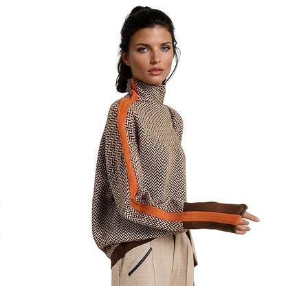 Damski sweter z dzianiny w jodełkę z kontrastowym paskiem-Sweaters for Women-Olave