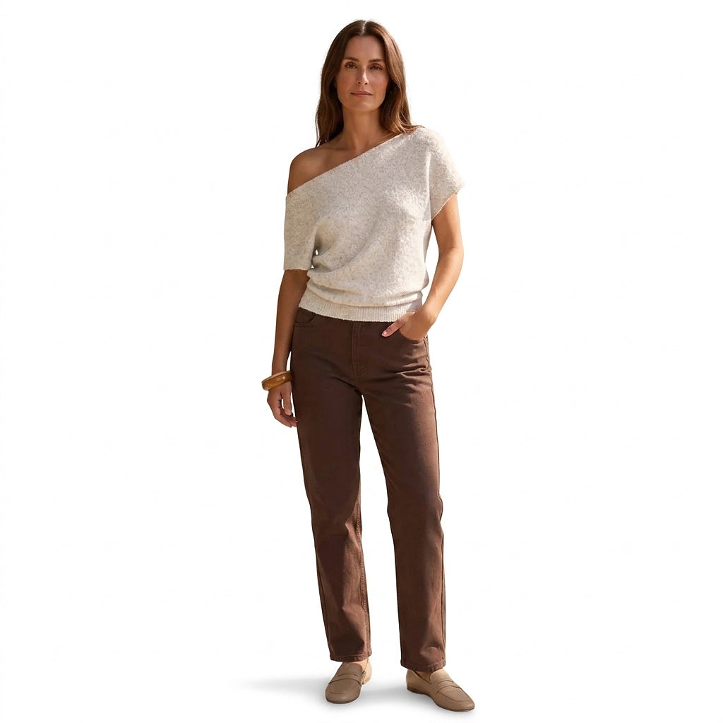 Damski sweter z dzianiny z asymetrycznym dekoltem-Sweaters for Women-Olave