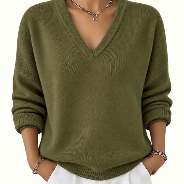 Damski sweter z dzianiny z dekoltem w serek i długim rękawem-Sweaters for Women-Olave