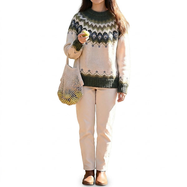 Damski sweter z dzianiny żakardowej z okrągłym dekoltem i długim rękawem-Sweaters for Women-Olave