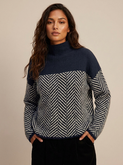 Damski sweter z dzianiny ze wzorem w jodełkę i półgolfem-Sweaters for Women-Olave