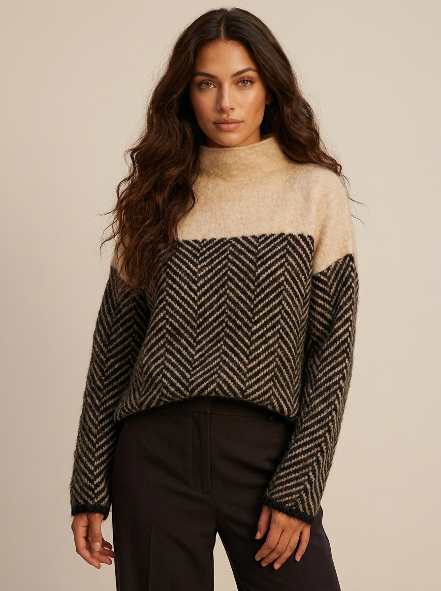Damski sweter z dzianiny ze wzorem w jodełkę i półgolfem-Sweaters for Women-Olave