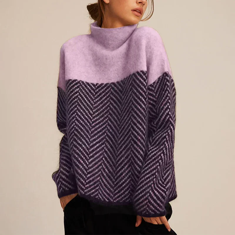Damski sweter z dzianiny ze wzorem w jodełkę i półgolfem-Sweaters for Women-Olave
