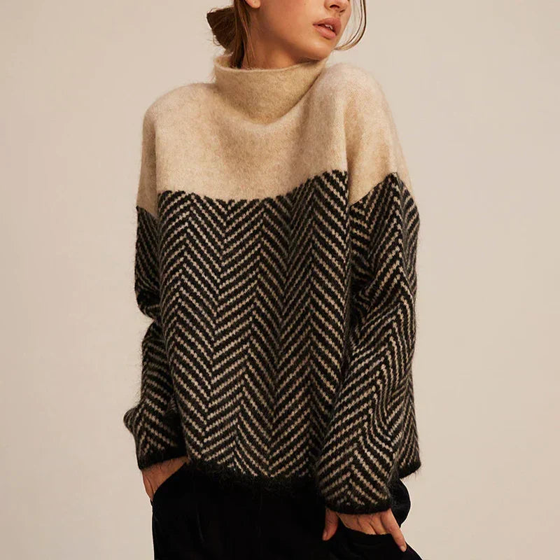 Damski sweter z dzianiny ze wzorem w jodełkę i półgolfem-Sweaters for Women-Olave