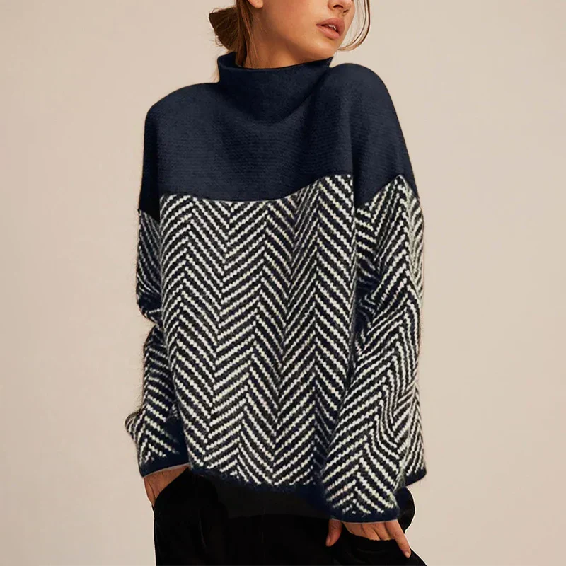 Damski sweter z dzianiny ze wzorem w jodełkę i półgolfem-Sweaters for Women-Olave