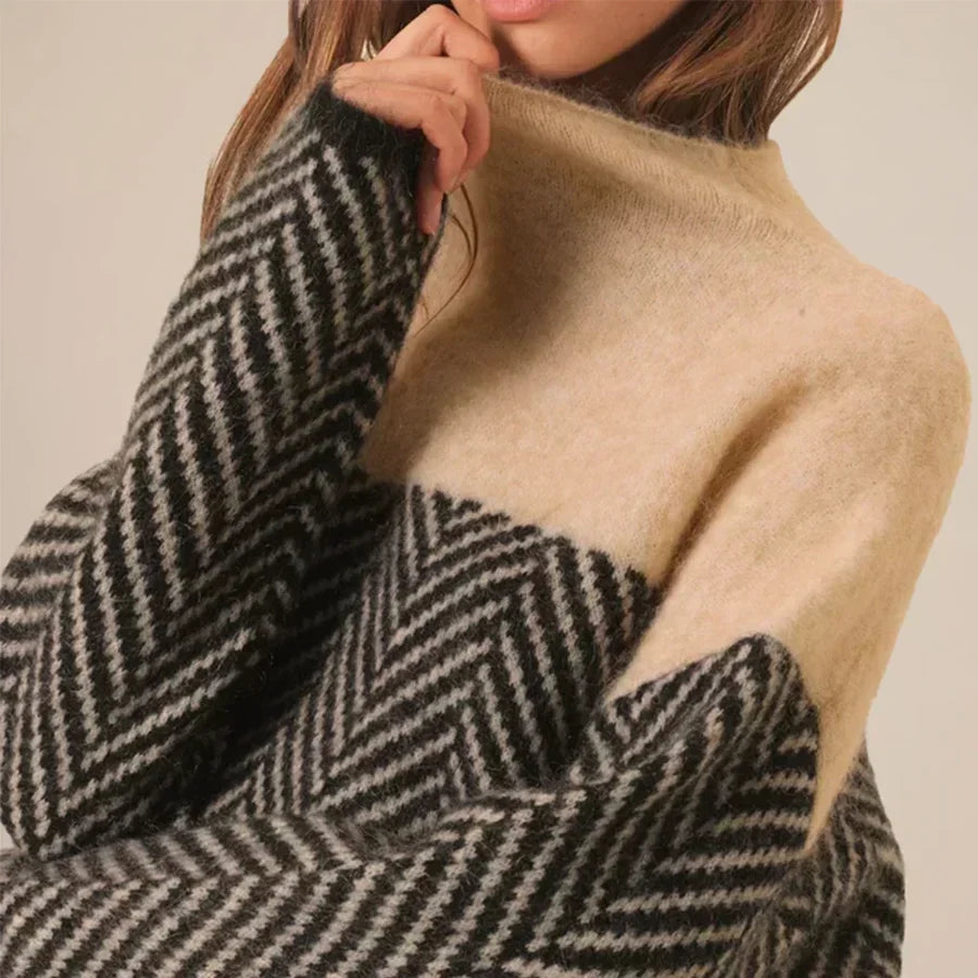Damski sweter z dzianiny ze wzorem w jodełkę i półgolfem-Sweaters for Women-Olave
