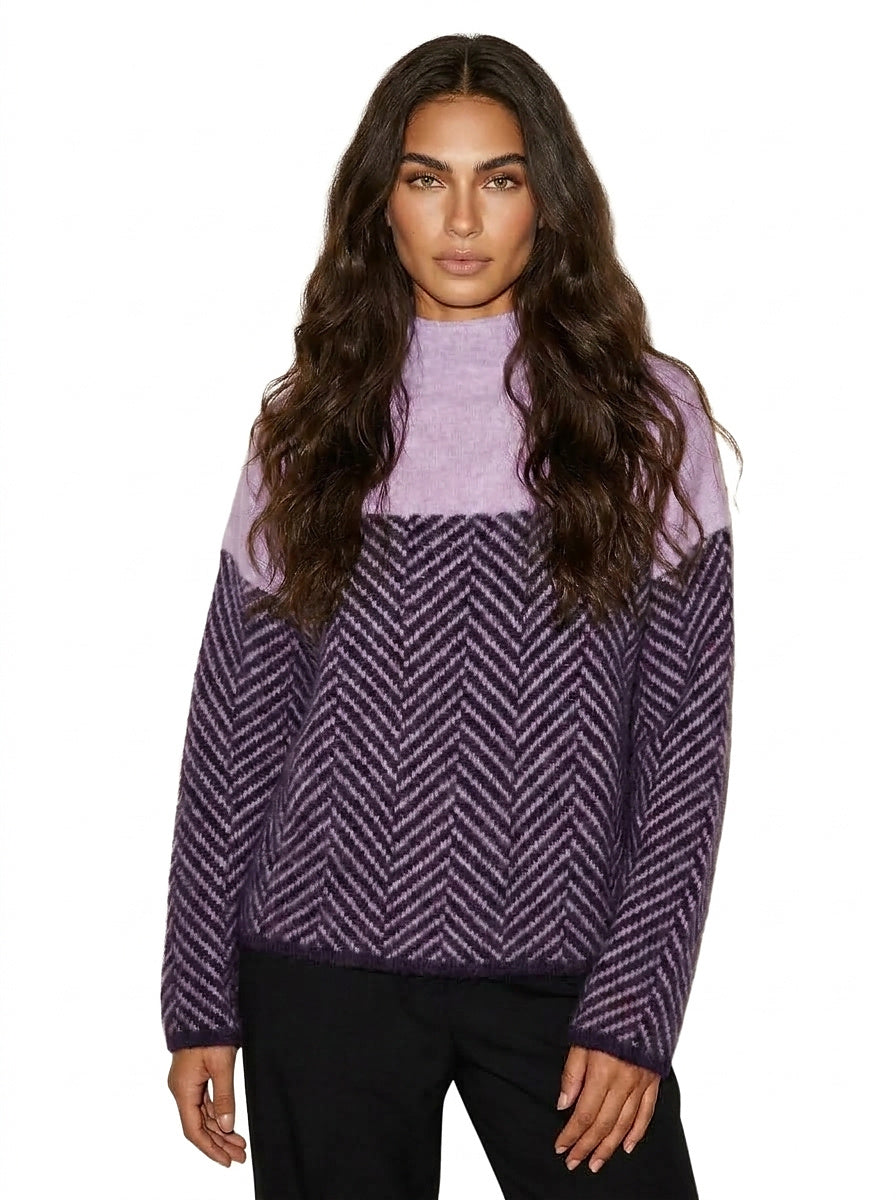 Damski sweter z dzianiny ze wzorem w jodełkę i półgolfem-Sweaters for Women-Olave