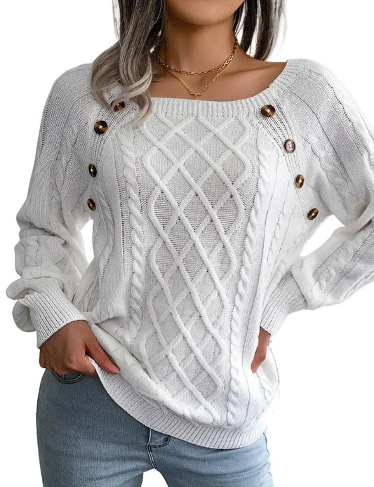 Damski sweter z warkoczowym splotem i detalem guzików-Sweaters for Women-Olave