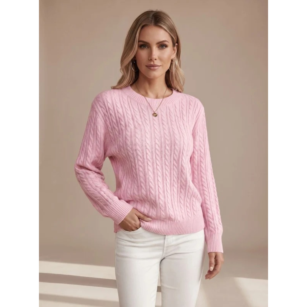 Damski sweter z warkoczowym splotem i okrągłym dekoltem-Sweaters for Women-Olave