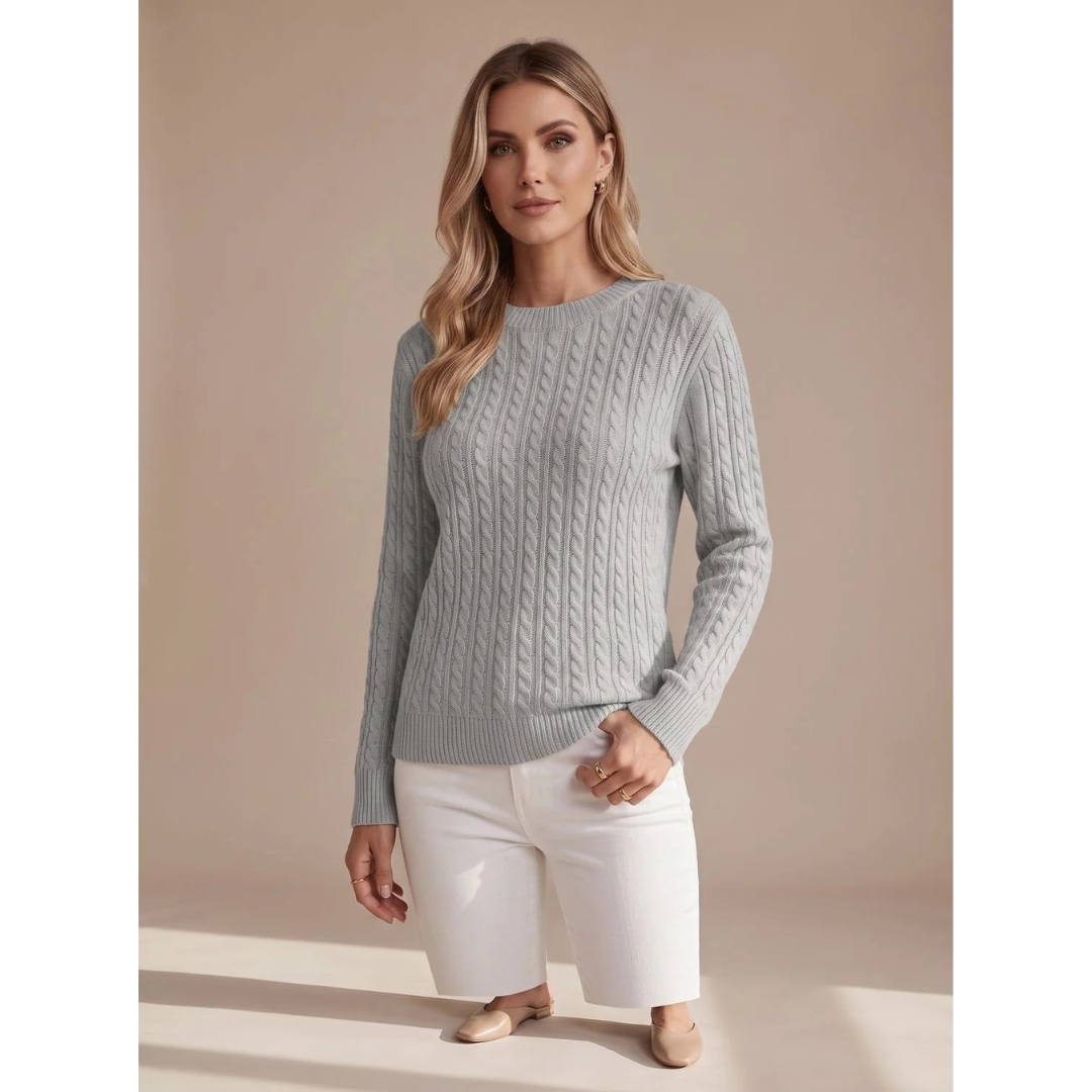 Damski sweter z warkoczowym splotem i okrągłym dekoltem-Sweaters for Women-Olave