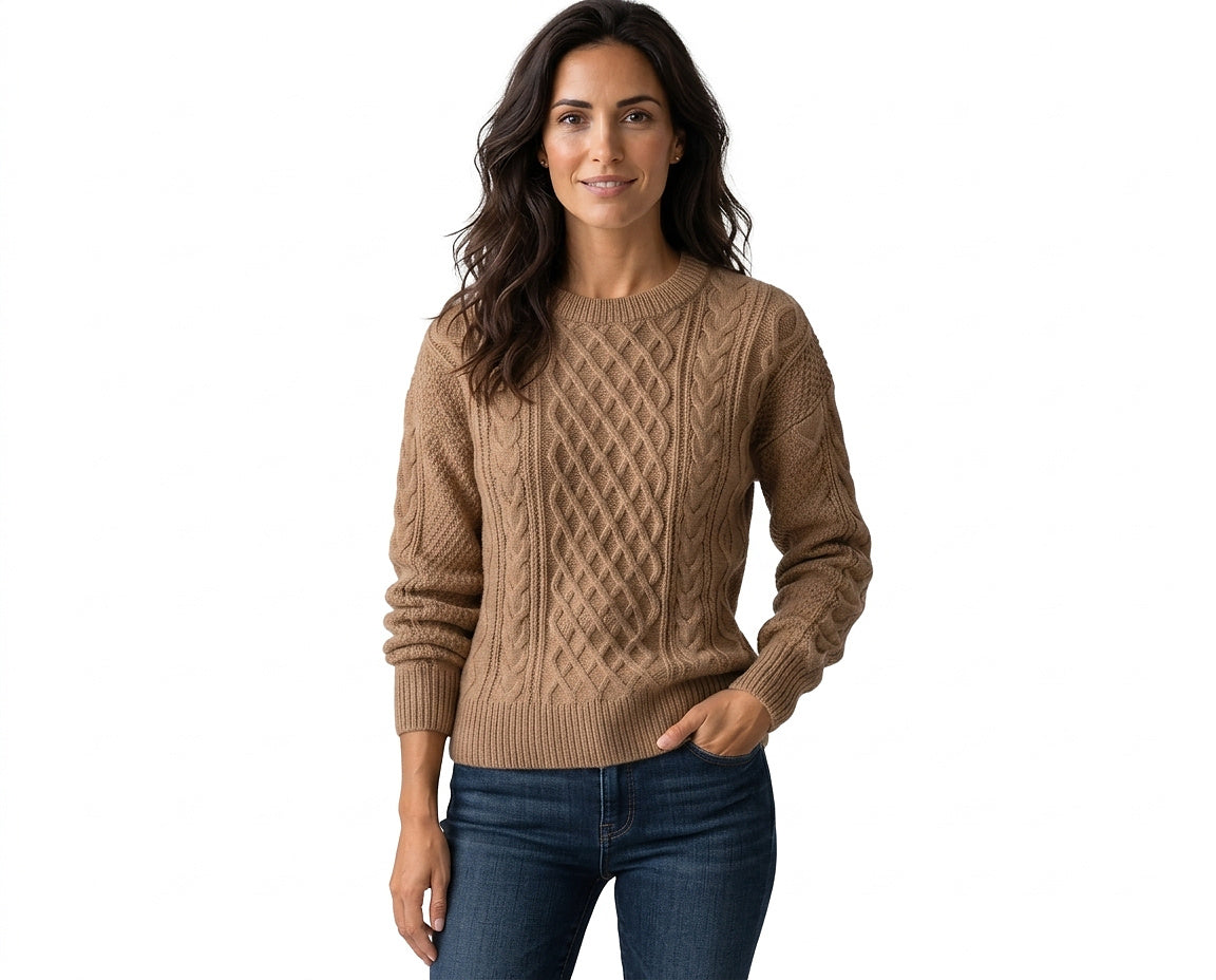 Damski sweter z warkoczowym splotem i okrągłym dekoltem-Sweaters for Women-Olave