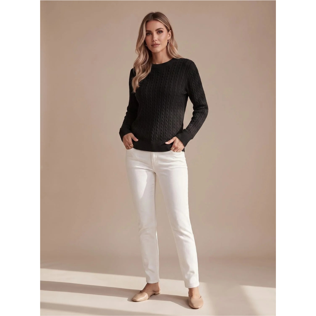 Damski sweter z warkoczowym splotem i okrągłym dekoltem-Sweaters for Women-Olave