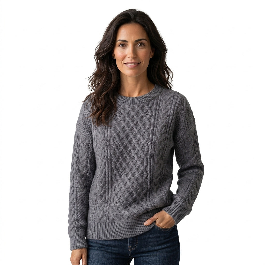 Damski sweter z warkoczowym splotem i okrągłym dekoltem-Sweaters for Women-Olave