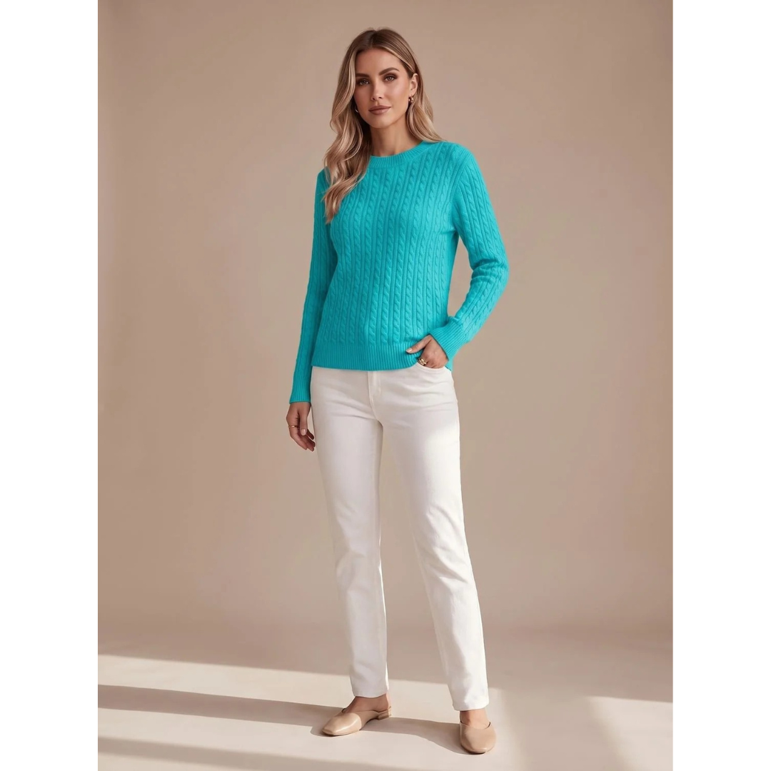 Damski sweter z warkoczowym splotem i okrągłym dekoltem-Sweaters for Women-Olave