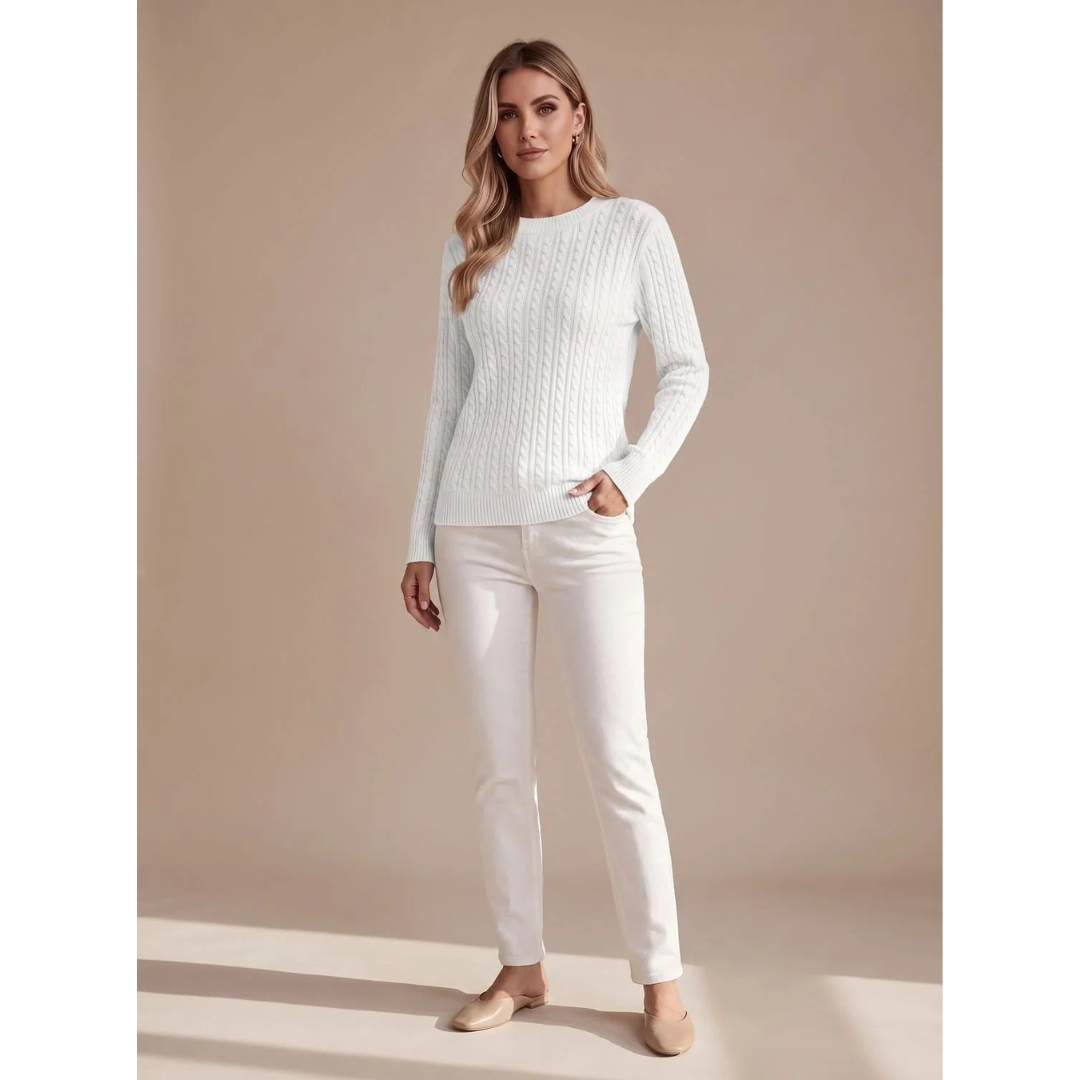 Damski sweter z warkoczowym splotem i okrągłym dekoltem-Sweaters for Women-Olave