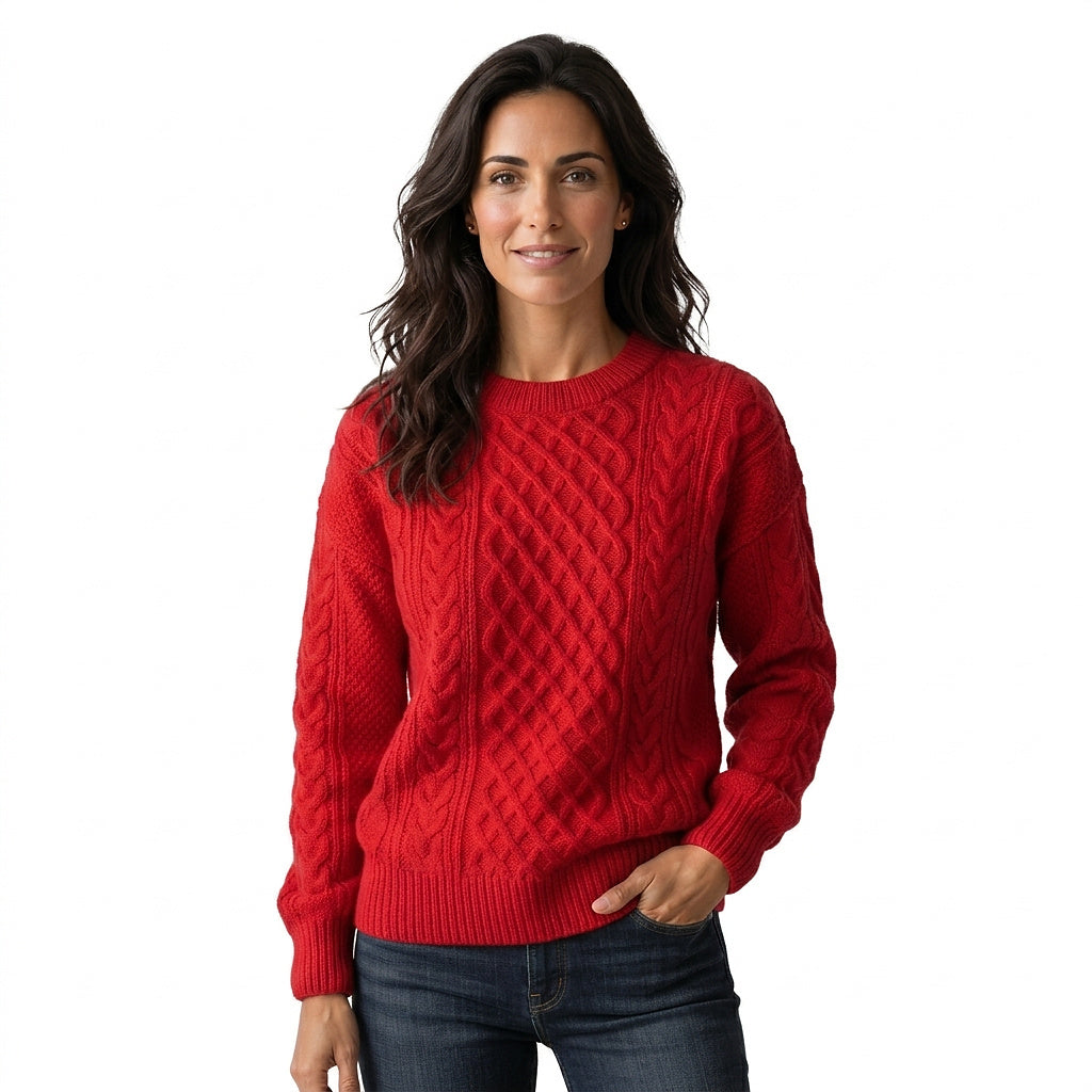 Damski sweter z warkoczowym splotem i okrągłym dekoltem-Sweaters for Women-Olave