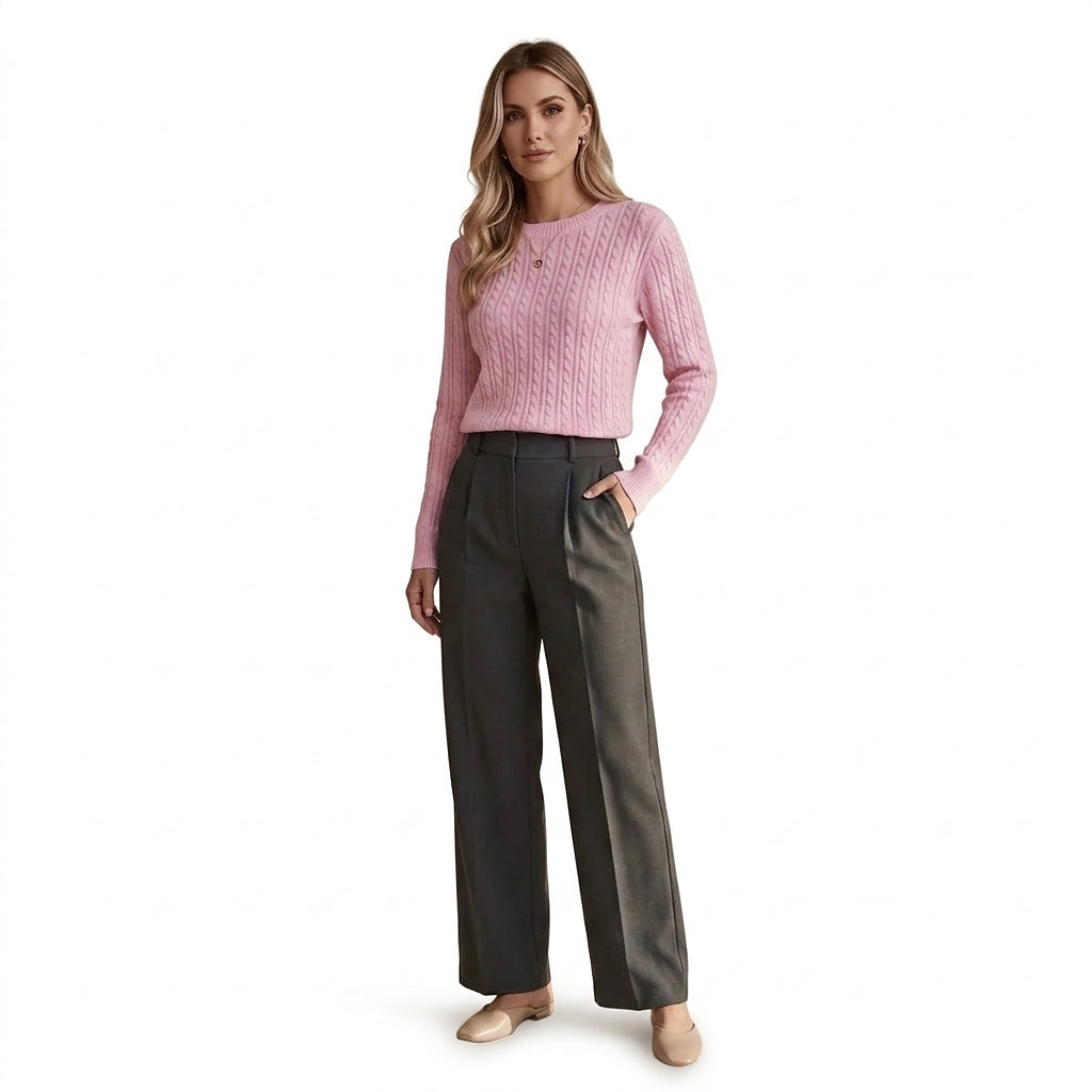 Damski sweter z warkoczowym splotem i okrągłym dekoltem-Sweaters for Women-Olave